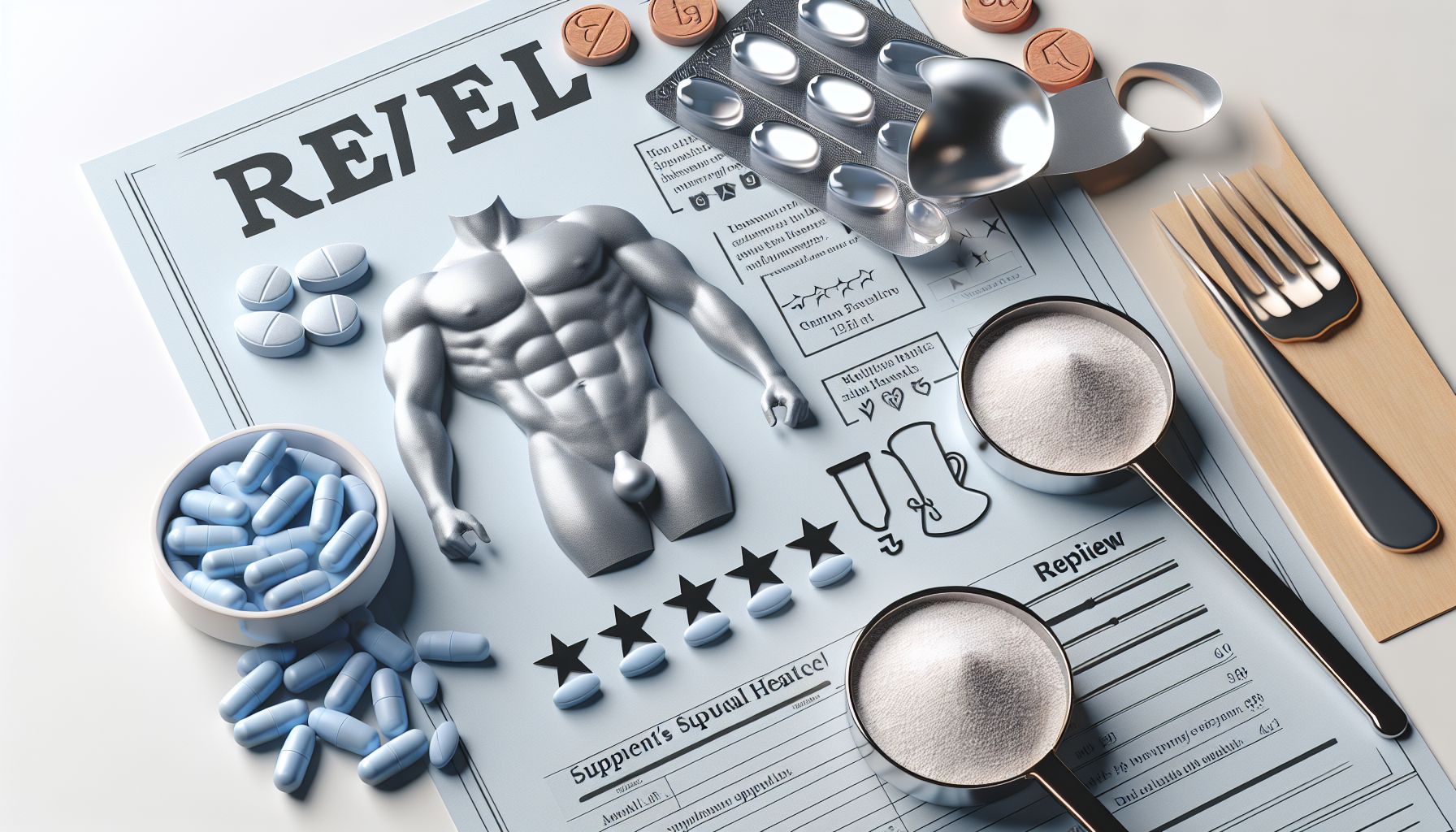 Image of various men's health supplements displayed on marble and travertine surfaces, symbolizing quality and purity